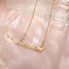 "* Material: High Quality Solid 925 Sterling Silver or Stainless Steel * Chain Length: 16\",18\",20\",22\",24\" * Finish: Sterling Silver ∙ 18K Gold ∙ Rose Gold * All our jewelry is custom made by hand with Love and Care in our workshop ♡ H O W ∙ T O ∙ O R D E R * Simply use the 'PERSONALIZATION BOX' to let us know the NAME and the FONT NUMBER that you would like. Each name max 10 characters. NAME + FONT NUMBER ♡ O T H E R ∙ I N F O R M A T I O N * This  name necklace is made from 925 sterling silver or stainless steel and then plated with 18k gold to ensure it doesn't fade like other cheap necklaces. * All our jewelry is custom made high quality and care in our workshop. *The engraved horse necklace is a gorgeous piece for horse lovers to have custom made with their name or perhaps even t Mothers Day Jewelry, Name Necklace Silver, Horseshoe Pendant, Cheap Necklaces, Font Number, Horse Necklace, Best Friend Necklaces, Art Necklaces, Horse Gifts