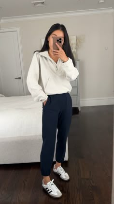 Petite Tutorial: How to Hem Jeans Without Sewing Athleisure At Work, Gym Manager Outfits, Sweatshirt And Tailored Pants Outfit, Active Business Casual Outfits, Athleisure Outfits Office, Work Athleisure, Comfy Casual Teacher Outfits, Work Appropriate Athletic Wear, Sweater And Belt Outfit