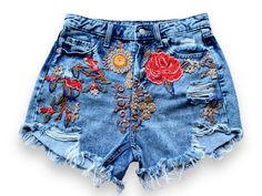 "Pre Loved  Denim cutoff shorts featuring embroidered flower appliqué,  high waist   silhouette with raw hem. Handmade embroidery  This is a unique item made with love in a friendly workspace ! All our products are handmade and constructed from pre existent materials that were either discarded or coming from vintage stores !!  All our clothing are made with recycled materials.   We all know how harmful clothing waste can be to our beloved planet, so help us spread upcycle love and buy clothing that is part of a solution rather than the cause of a problem. Welcome to our community !  Details :  Medium  W28/29/ US 6 *Rise: 12\" *Inseam: 3.5 Pre - loved item ❤️" Reworked Denim Jacket, Maxi Skirts Summer, Reworked Denim, Embroidered Denim Shorts, Vintage Stores, Vintage Denim Shorts, Embroidered Denim Jacket, Reworked Vintage, Cropped Leather Jacket