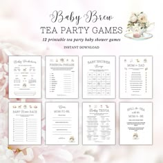 baby shower tea party games with pink flowers and gold details on them, all in white