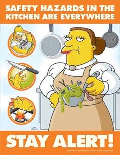 the simpsons character is holding a bowl with food on it, and there are safety hazard signs