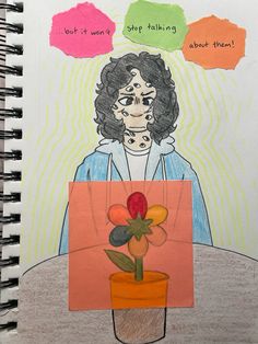 a drawing of a woman sitting at a table with a flower in a pot on it