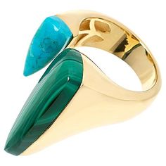 Elevate your jewelry collection with the Rarities Malachite and Composite Turquoise Gold-Plated Open Space Ring. This exquisite piece showcases a unique open space design, featuring a freeform malachite on one end and a composite turquoise on the other, set in lustrous gold-plated sterling silver.

- Material: Gold-plated sterling silver
- Stones: Freeform malachite (25x10mm) and composite turquoise (14x6mm)
- Dimensions: Approx. 15/16"L x 13/16"W x 3/8"H; Shank 3/16"W
- Color: Gold
- Gender: Fe Open Space Design, 3d Casting, Space Ring, Space Rings, Turquoise Gold Ring, Contemporary Chic, Turquoise Stones, Gold Plated Rings, Silver Material