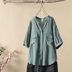 Women's V-Neck Mid-Sleeve Solid Single Breasted Cotton Linen Shirt Blouse with Pocket Spring V-neck Top With Roll-up Sleeves, Green Relaxed Fit V-neck Blouse, Casual V-neck Blouse With Rolled Sleeves, Relaxed Fit Blouse With Roll-up Sleeves For Spring, Cotton V-neck Top With Rolled Sleeves, V-neck Workwear Shirt With Pockets, V-neck Shirt With Pockets For Work, Cotton V-neck Shirt With Pockets, Summer V-neck Shirt With Pockets