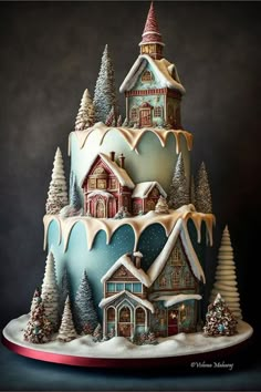 a christmas cake with houses and trees on the top is decorated in blue, white and red