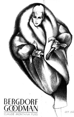 a black and white drawing of a woman wearing a fur coat