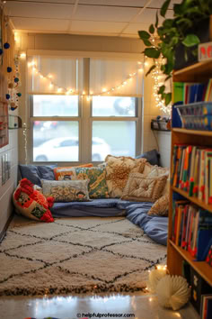 a living room filled with lots of furniture next to a book shelf full of books