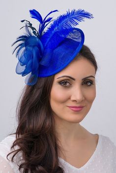 Royal Blue Fascinator - "Kate" Mesh Couture English Hat Fascinator Headband Blue Headband For Kentucky Derby, Blue Mini Hat Headband For Spring, Adjustable Blue Headband For Kentucky Derby, Blue Adjustable Fascinator For Summer, Adjustable Blue Fascinator For Summer, Blue Formal Hair Accessories For Kentucky Derby, Elegant Blue Mini Hat With Structured Crown, Blue Adjustable Headband Fascinator, Adjustable Blue Headband Fascinator