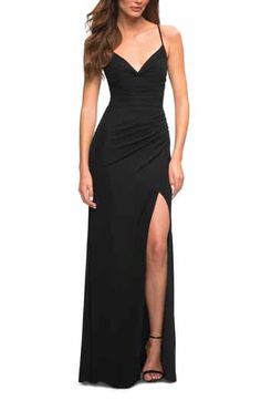 La Femme Strappy Back Sequin Gown | Nordstrom Fitted Lace Dress, Jersey Prom Dress, Sheath Skirt, Off Shoulder Gown, Satin Dress Long, Long Evening Gowns, A Line Gown, Dress Purchase, Long Dresses