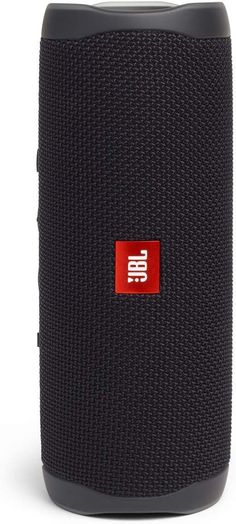 the jbl bluetooth speaker is black and has red accents on it's side