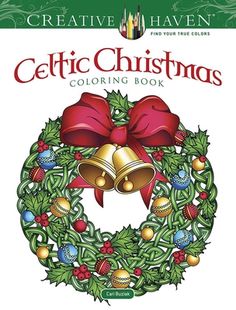 a christmas coloring book with bells and holly wreaths on the front, surrounded by red bows