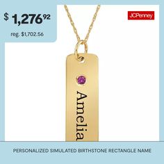 Metal: Silver, 10K white gold, 10K yellow gold, 14K white gold, 14K yellow goldStone: Simulated gemstoneClosure: Spring-ringDimensions: 18" cable chainPendant Size: 23.3x8.1mmPersonalization: Select 1 birthstone, with engraving of up to 8 characters. Choose one birthstone. Use the letter key below to represent the months. Selection must be made using capitalized letters:A=JanuaryB=FebruaryC=MarchD=AprilE=MayF=JuneG=JulyH=AugustI=SeptemberJ=OctoberK=NovemberL=December Gemstones may be treated an… Family Jewelry, Name Pendant, Family Jewellery, Pendant Necklaces, Yellow Gold, White Gold, Pendant Necklace, Gemstones, Pendant