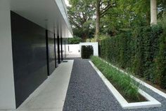 a modern house with black and white landscaping