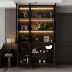 a living room filled with lots of furniture next to a wall mounted shelf full of vases