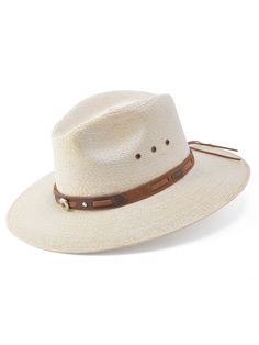 Stetson Chambers Palm straw Aussie hats.  The Chambers firm finish straw hat features a 3" brim with a 3 1/2" pinch front crown, leather accented hat band, 6 eyelets for ventilation and a Drilex sweatband for all day comfort. Clean with a soft brush. Made in Mexico. Style #OSCHMB-3830 Content: Palm Straw Adjustable Country Fedora For Kentucky Derby, Short Brim Straw Hat For Western-themed Events, Classic Adjustable Boater Hat For Country Events, Brimmed Straw Ranch Hats, Natural Hat Band With Flat Brim For Country Events, Adjustable Brimmed Panama Hat For Ranch, Adjustable Natural Panama Hat For Ranch, Western Boater Hat With Adjustable Curved Brim, Kentucky Derby Toquilla Straw Sun Hat