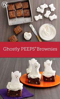 chocolate brownies with marshmallows and ghost decorations