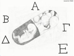 a pencil drawing of a baby in a blanket with the letters abc and f above it