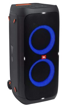 an image of a speaker with blue lights on it's side and the speakers are black