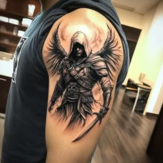 Men Christian Tattoo Ideas, Angel Knight Tattoo, Warrior Angel Tattoo Men, Warrior Angel Tattoo, Dark Angel Tattoo, Angel Warrior Tattoo, Brother And Sister Tattoos, Brother And Sister Tattoo Ideas, Warrior Tattoo Sleeve