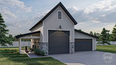 a garage with a picnic table in front of it next to a white fence and green grass