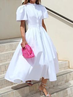 Classic Solid Color Maxi Dress, Solid Color Spring Dresses With Stand Collar, Casual Dresses With Stand Collar, Elegant Plain A-line Maxi Dress, Chic Fitted Plain Maxi Dress, Solid Color Maxi Dress For Work, Classic Summer Party Maxi Dress, Elegant Plain Party Dress, Classic Formal Maxi Dress