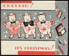 an old fashioned christmas card with three pigs