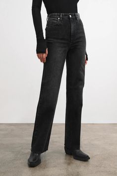 Black High Rise Straight Leg Jeans - Rowan Jeans | Marcella Black Cropped Straight Hem Jeans With Five Pockets, Black Cropped Jeans With Five Pockets, Black Cropped Jeans With Straight Hem, Washed Black Jeans With Straight Hem And Five Pockets, Washed Black Straight Leg Cropped Jeans For Fall, Washed Black Straight Jeans For Fall, Straight Washed Black Jeans For Fall, Black Jeans With Straight Hem For Fall, Classic Straight Leg Washed Black Jeans