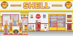 the front of a shell station with gas pumps