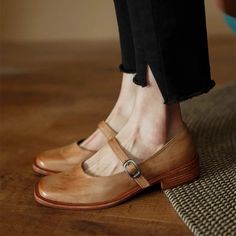 Retro Style Horse Leather Handmade Strappy Mary Jane Block Heel in Black/Apricot Low Heel Flats, Mary Jane Shoes Flat, Mary Jane Flats, Leather Mary Janes, Mary Jane Shoes, Low Heels, Mary Janes, Classic Black, Leather Handmade