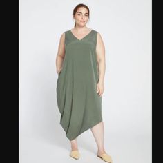 Universal Standard Geneva Dress In Terragon Green Cooling Cupro Fabric New With Tags No Issues V Neck, Sleeveless Tank Style Universal Standard Size 2xl = 30 / 32 Olive Sleeveless Midi Dress, Cupro Fabric, Universal Standard, Standard Dress, Geneva, Sleeveless Tank, Tank Dress, Midi Dress, V Neck