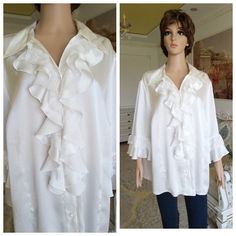 "Ruffle blouse ivory blouse ivory Ruffle shirt 3XL boho shirt womens shirt classic blouse pirate blouse poet shirt poet blouse evening blous Please refer to photos for details of condition. Condition: very good vintage Measurements : Length: 71 cm/28\" Sleeve : 43 cm/17\" Shoulder to shoulder: 47 cm/18.5\" Bust: 140 cm/55\" Waist 140 cm/55\" Tag Size: D/NL -52 F/B-54 GB26R I-58 note The color on the pictures may vary due to monitor settings and light reflections. Ready to ship Please do not hesi Spring Lace Trim Blouse, Elegant Spring Wedding Shirt, Wedding V-neck Blouse With Ruffles, Elegant Long Sleeve Blouse For Summer, Elegant V-neck Blouse With Relaxed Fit, Elegant V-neck Shirt For Spring, Elegant Flowy Tops For Party, Flowy Elegant Party Tops, Fitted Fall Daywear Blouse