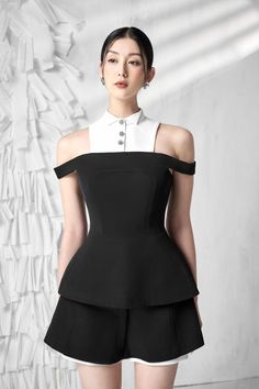 Dress Sketch, Open Shoulder Top, Peplum Designs, Brand Event, Mean Blvd, Korean Fashion Dress, Dress Sketches, Church Dresses, Negroni