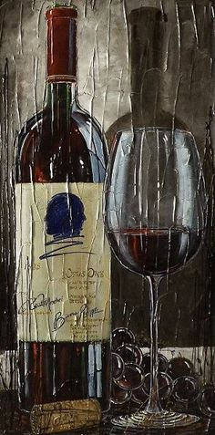 a painting of a wine glass and bottle