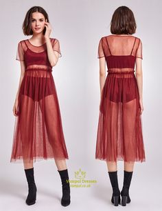 Burgundy Sheer Tulle Overlay Short Sleeve A-Line Tea Length Dress | Vampal Dresses Sheer Dresses Outfit, Tea Length Dress, Tulle Party Dress, Causal Dresses, Overlay Dress, Tea Length Dresses, Layer Dress, Mode Inspo, Tea Length