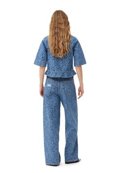 Blue Jacquard Denim Wide Pants | GANNI US Cropped Denim Blue Pants With Five Pockets, Blue Cropped Cotton Pants, Wide-leg Cotton Cropped Jeans, Wide-leg Cropped Cotton Jeans With Five Pockets, Denim Blue Wide-leg Cotton Pants, Blue Ganni Boots, Ganni X Levis, Ganni Jacquard Dress, Ganni Denim Jacket