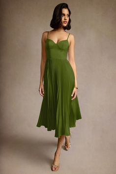 Our Emma Pleated Midi Dress is cut from stretch satin. She features a V neckline paired with adjustable spaghetti straps and a pleated A line skirt. Wear this style to your next event. 40th Birthday Outfit Ideas, Olive Green Formal Dress, 40th Birthday Outfit, Wedding Cocktail Attire, Wedding Guest Cocktail Dress, Wedding Rehearsal Dress, Cocktail Dress Code, Atelier Dress, Cliff Wedding