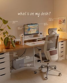 a desk with a computer on it labeled what's on my desk? and an office chair