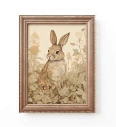 a painting of a rabbit sitting in the middle of some plants and flowers on a white wall