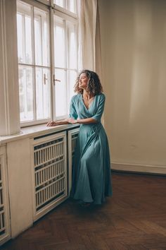 "Summer Linen Wrap Dress, Blue Green Maxi Dress, Maxi Dress for Women ♠Timeless elegance in its most graceful form. We would like to present you this A-line wrap linen dress with an elegant tie waist, long sleeves and a V-neck collar. Made of 100% high quality linen, this piece is available to order in multiple classic colors. Here to serve you for many seasons to come. ♠ If you would like a removable Slip dress in addition to your Linen dress, please check the Slips section: http://etsy.me/36T5 Blue Maxi Dress With Short Sleeves For Bridesmaid, Blue Short Sleeve Maxi Dress For Bridesmaids, Plus Size Flowy Dress, Linen Maxi Dress Summer, Dress Cottage, Linen Wrap Dress, Cottage Core Dress, Maxi Dress Summer, Green Maxi Dress