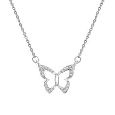 A one of a kind butterfly necklace with stunning diamonds along the openwork wings. The beautiful, dainty Farfalla butterfly diamond necklace is the perfect romantic and trendy piece. - 17" Length with Spring Ring Clasp - SI1 Diamond Clarity- H-I Diamond Color- Total Carat Weight: 0.05 CT- Available in 10K YG, 10K WG, 10K RG, 14K YG, 14K WG, 14K RG- Ethically sourced materials and conflict-free diamonds- Fully compliant with The Kimberley Process- Certificate of authenticity included Delicate Sterling Silver Butterfly Necklace In White Gold, Elegant White Gold Butterfly Necklace As Gift, Elegant Butterfly Necklace For Formal Occasions, Delicate Butterfly White Gold Jewelry, Delicate Formal Butterfly Necklace, Elegant White Gold Butterfly Necklace With Cubic Zirconia, Delicate Butterfly Necklace For Formal Occasions, Elegant White Butterfly Necklace In Cubic Zirconia, Sterling Silver Butterfly Necklace For Formal Occasions