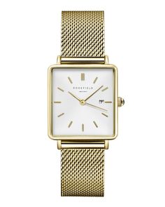 The Rosefield Boxy White Sunray Mesh Gold Watch QWSG-Q03 is an exquisite blend of modern style and vintage charm, a true standout piece in any collection. Crafted with a striking square case, this watch embraces bold angles that deliver a unique appearance, setting it apart from more conventional timepieces. The sunray etching on the dial gracefully catches the light, adding an extra layer of elegance and sophistication that elevates any ensemble. This timepiece is not just a watch; it is a stat Classic Square Watch As Gift, Classic Square Watch As A Gift, Classic Square Watch For Gift, Classic Square Watch For Gifts, Square Metal Dial Watch For Everyday, Square Metal Dial Watches For Everyday, Square Minimalist Watch As A Gift, Minimalist Square Watch As Gift, Square Watch With Metal Dial For Everyday