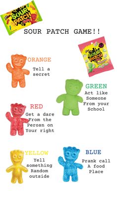 an advertisement for gummy bears with the words sour patch game written on it and four different colors