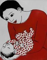 a drawing of a woman holding a baby with polka dots on it's body