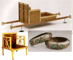 three different types of furniture including a chair, table and other things that are made out of wood