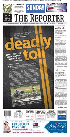 the front page of a news paper with an image of a motorcycle and yellow line on it