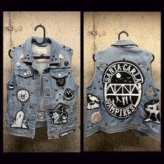 New woman's small (fits more like a medium) studded punk vest. Measurements are in the photos. All patches are hand screened and hand sewn. Patches include: -Santa Carla Vampires -Witch -Tombstone  -Skulls -Baba Yagas bird house -Spider w/web -Raven on skull + others This vest also features English 77 half cone and quarter inch pyramid studs. There are also some band pins. *Similar custom jackets in different sizes can be made upon request.* Please look at the measurements carefully. We get our Punk Fits, Trans Tips, Horror Punk Fashion, Sewn Patches, Band Pins, Witch Horror, Fantasy Oc, Punk Vest, Battle Vest