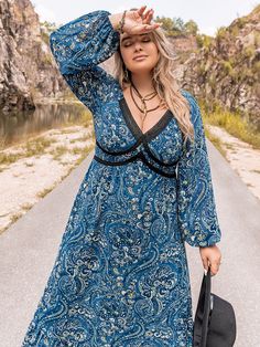 Cozy Plus Size Autumn/Winter Dress - Blue,3XL Blue Lantern Sleeve Dress For Fall, Fall Floral Print Dress With Bishop Sleeves, Floral Print Dress With Bishop Sleeves For Fall, Casual Fall Dresses With Bishop Sleeves, Bohemian Long Sleeve Dresses For Fall, Casual Long Sleeve Floral Dress For Winter, Fall Floral Print Dress With Lantern Sleeves, Winter Floral Print Knee-length Mini Dress, Fall Floral Print Lantern Sleeve Dress