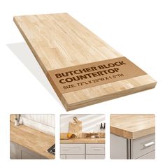 a butcher block counter top with the words butcher block countertop printed on it and pictures of kitchen cabinets