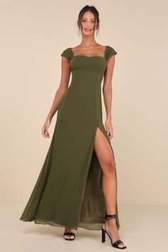 Magical Magnetism Olive Green Off-the-Shoulder Maxi Dress Moss Green Bridesmaid Dress, Olive Green Dress Outfit, Green Formal Dress, Olive Green Bridesmaid Dresses, Green Dress Outfit, Forest Dress, Wedding Outfits For Women, Olive Green Dress, Green Cocktail Dress