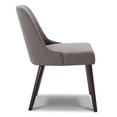 an upholstered chair with wooden legs and a grey fabric seat pad, viewed from the front